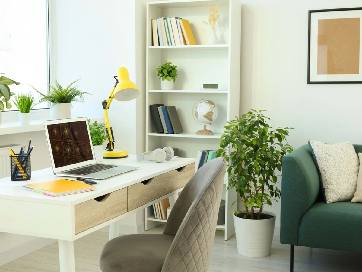 helles Arbeitszimmer - weißer Schreibtisch vor dem Fenster und grüne Zimmerpflanzen 