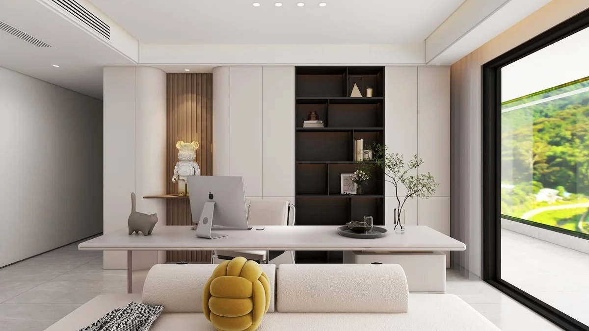 schönes Home Office in Grau gestaltet mit kleinen Akzenten in Schwarz 