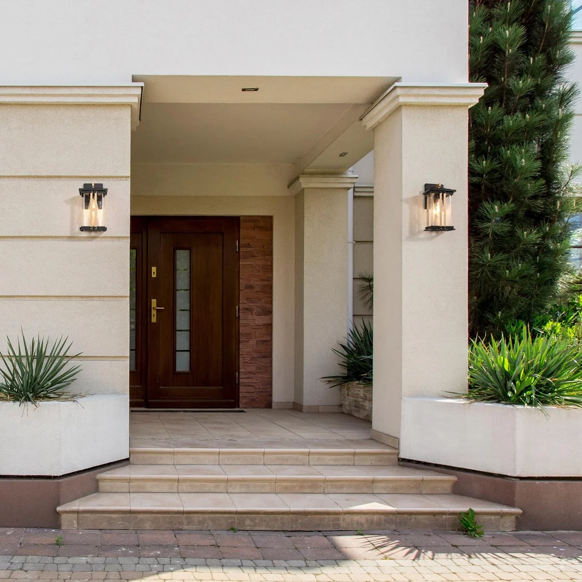 herrlichen Hauseingang gestalten mit moderner Haustür aus Holz mit einem Glasteil
