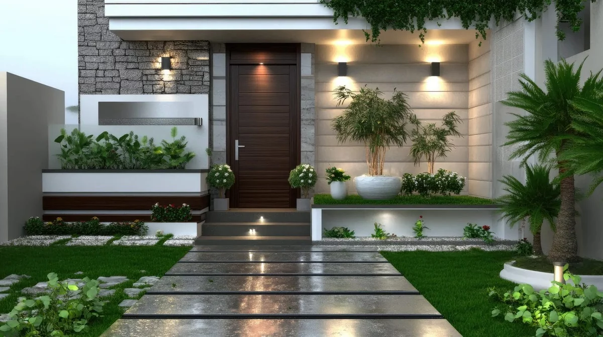 modernen Hauseingangbereich mit vielen Pflanzen und stolvoller Beleuchtung