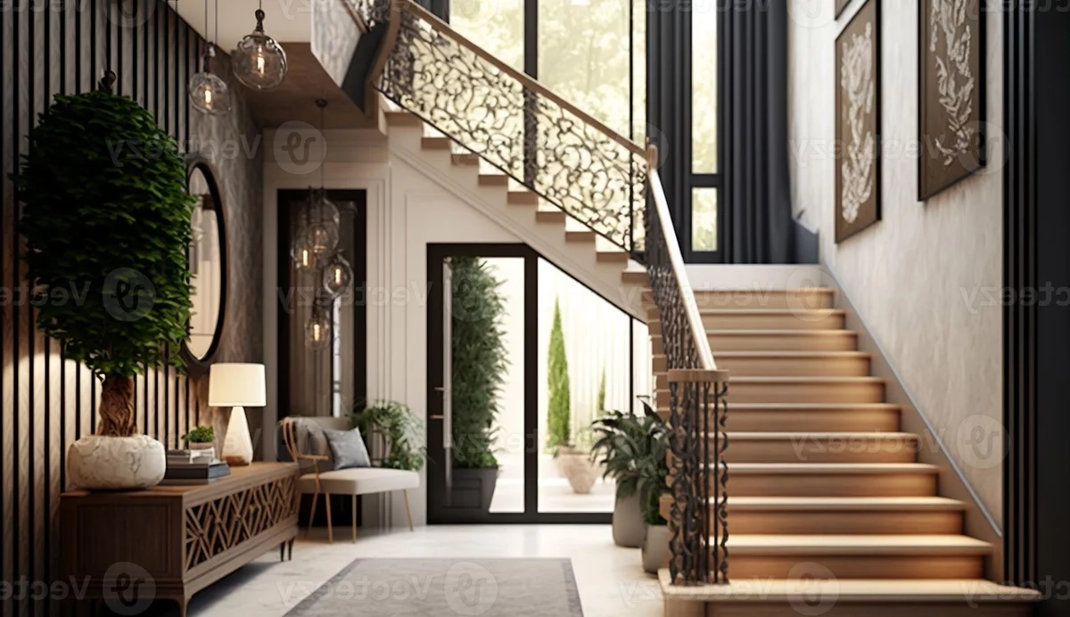 durch die Glastür kommt viel Tageslicht in den Flur - opulente Gestaltung drinnen