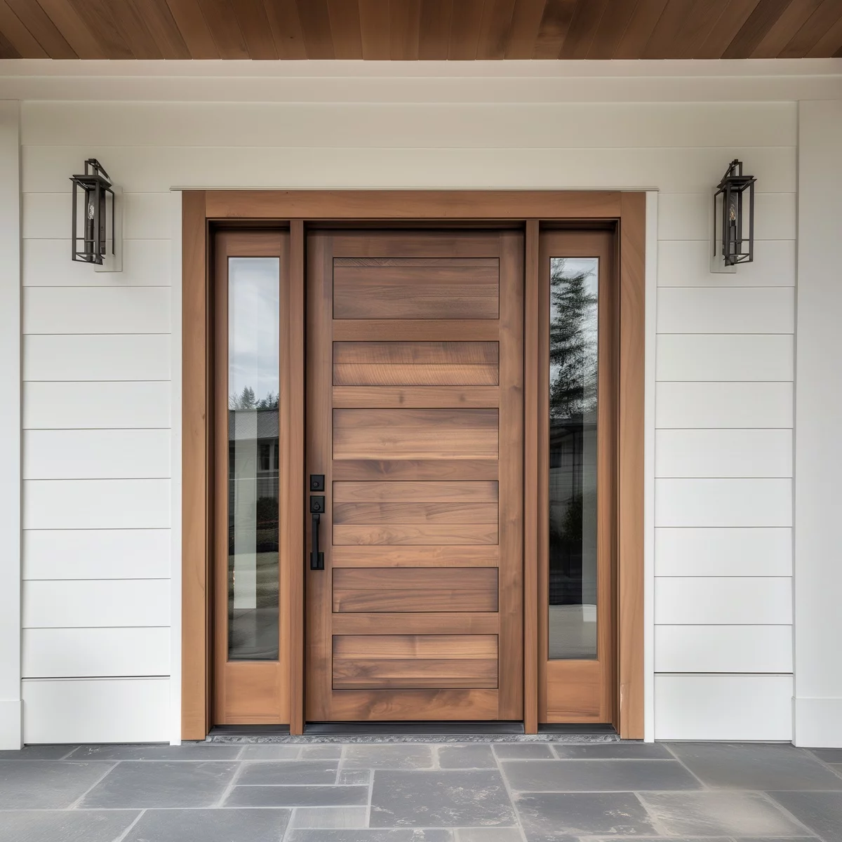 schöne Haustür mit zwei Glasteilen schmückt den Eingangsbereich