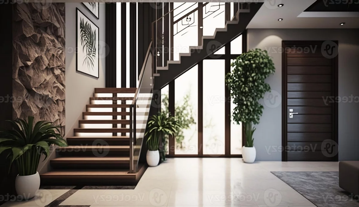 modern gestalteter Eingangsbereich mit Treppe zum zweiten Stock