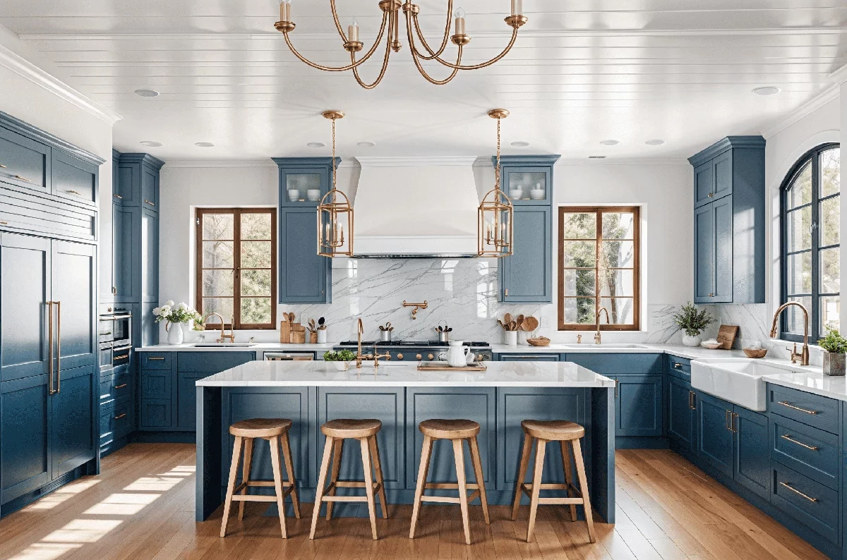 elegante geräumige Küche in Blau mit Kücheninsel miot Platte aus weißem Marmor