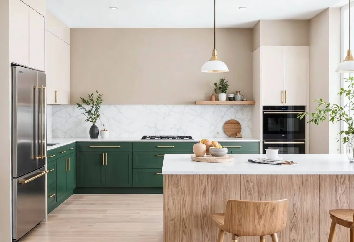 modernes Küchendesign - großer Raum nur mit Küchenunterschränken in Smaragdgrün 