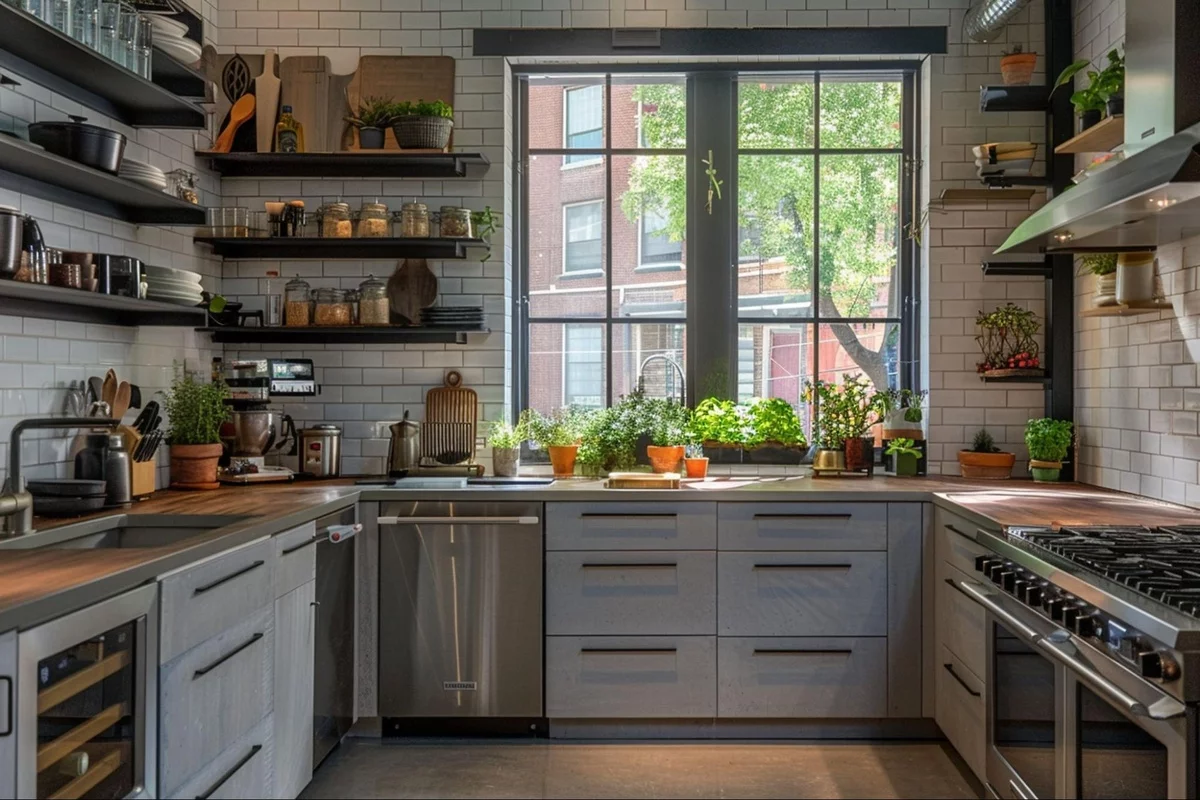 renovierte Küche mit neuen Geräten und offenen Küchenregalen