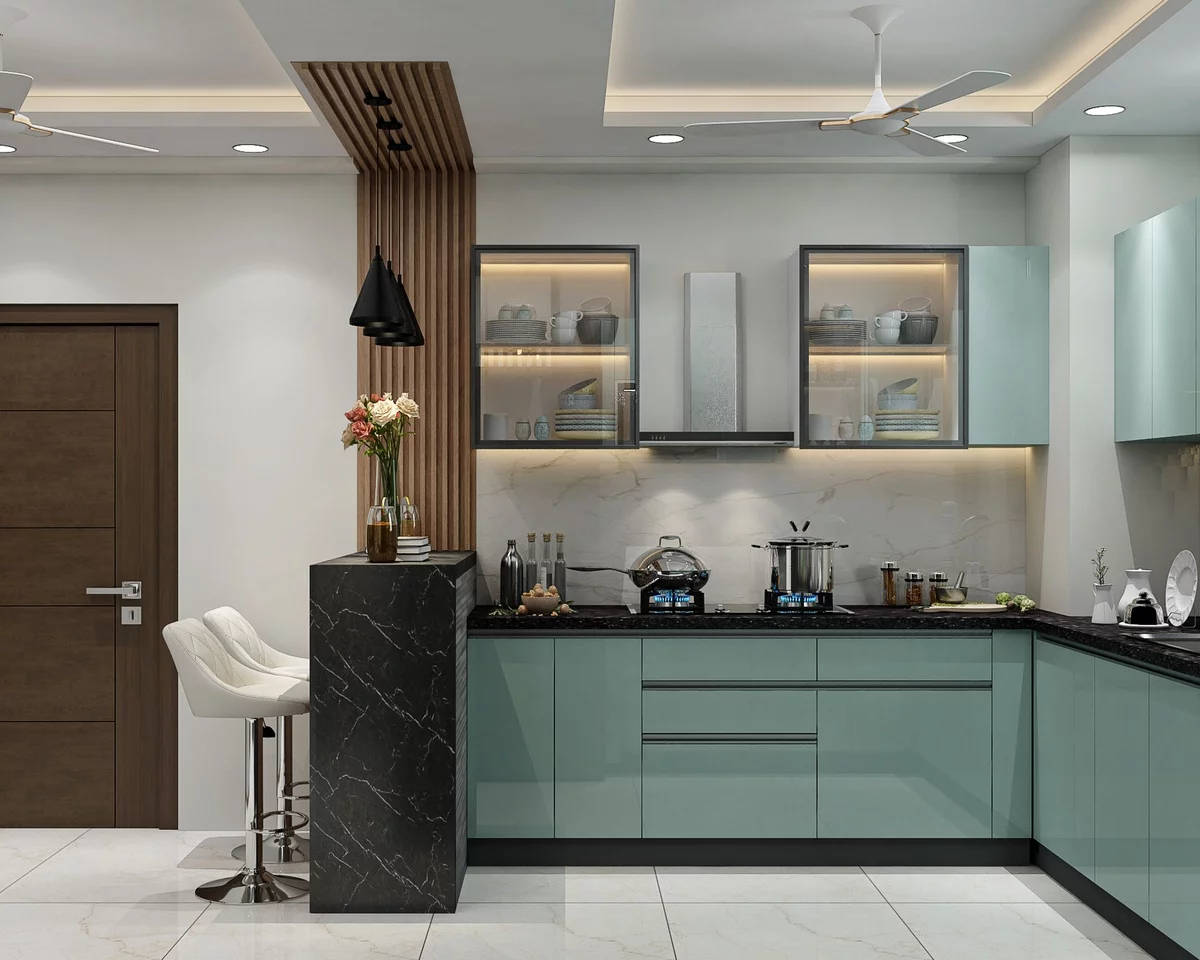 moderne L-förmige Lüche mit Insel aus schwarzem Marmor und mit eingebauter Raumbeleuchtung 