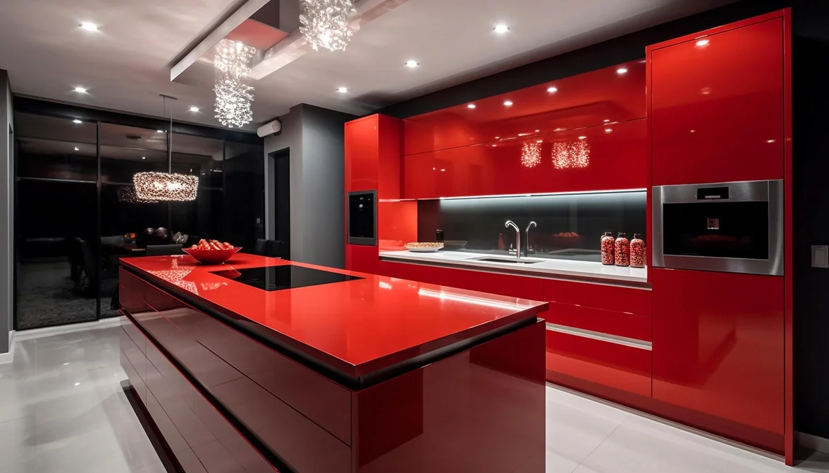 modernes Küchendesign mit Schränken und Kücheninsel im glänzenden Rot 