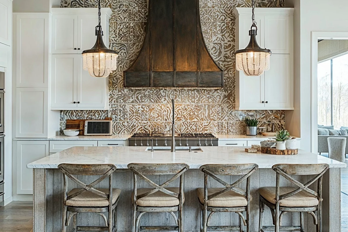 Küchendesign mit Retro-Elementen und neuer Kücheninsel, aber mit alten Stühlen