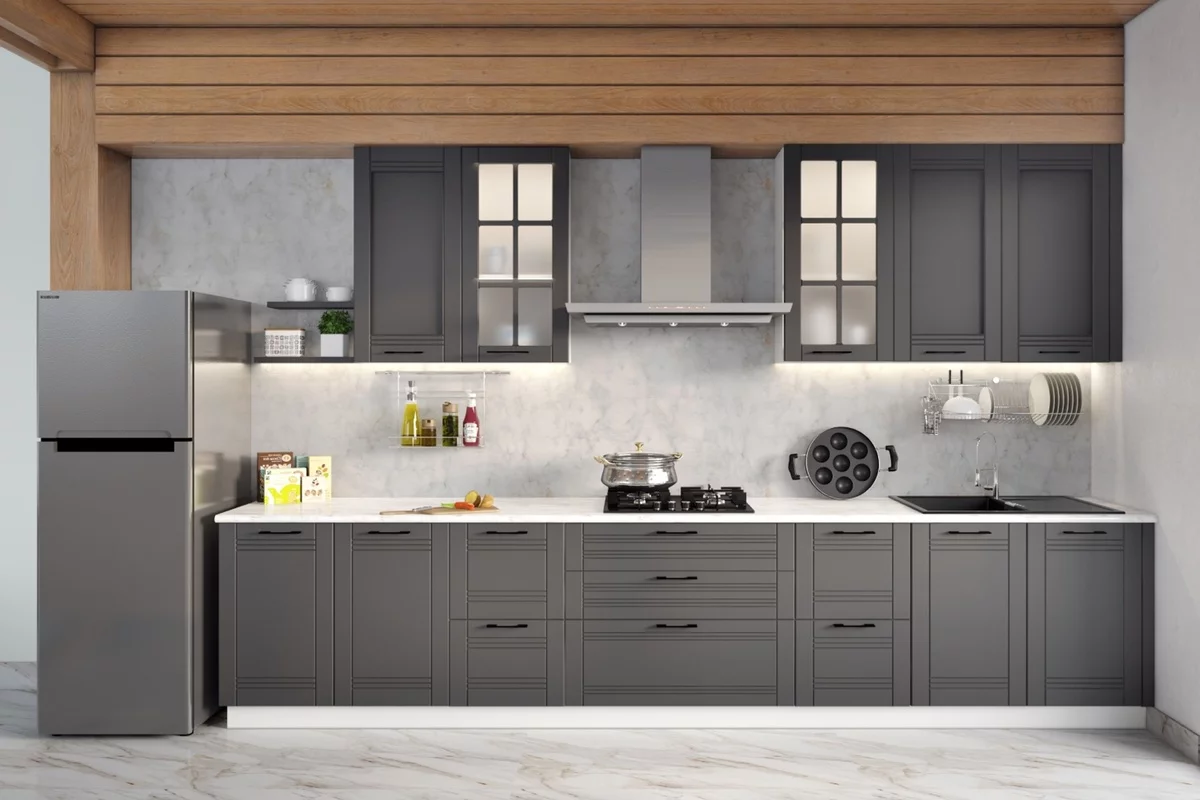 minimalistisch gestaltete Küchenzeile in Grau Schwarz ausgeführt