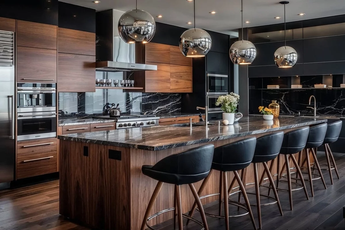 stilvolle moderne Küche mit schwarzem Marmor und Schränke aus dunkelbraunem Holz 