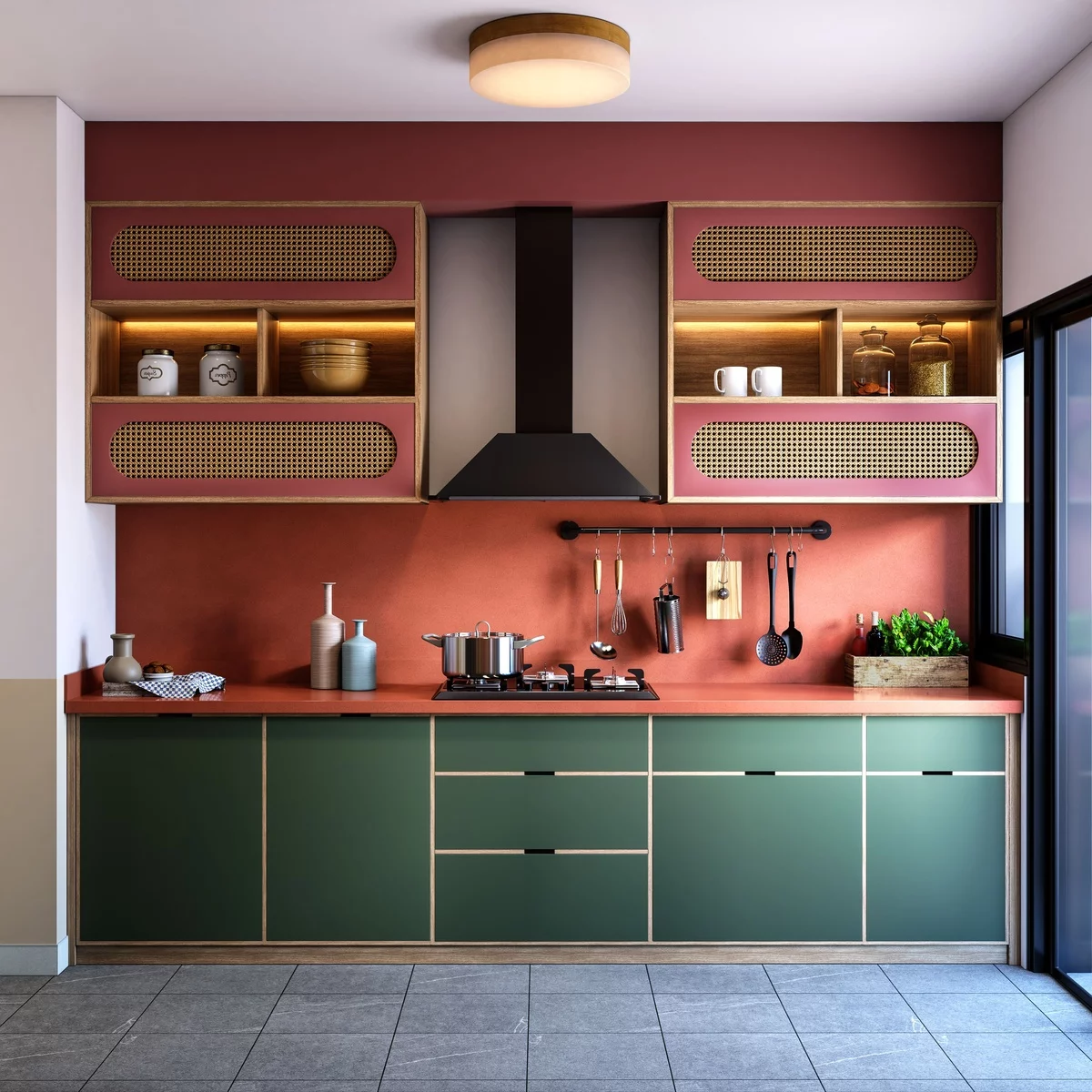 moderne Küchenzeile in kräftigen Farben gestaltet mit Dunstabzugshaube 