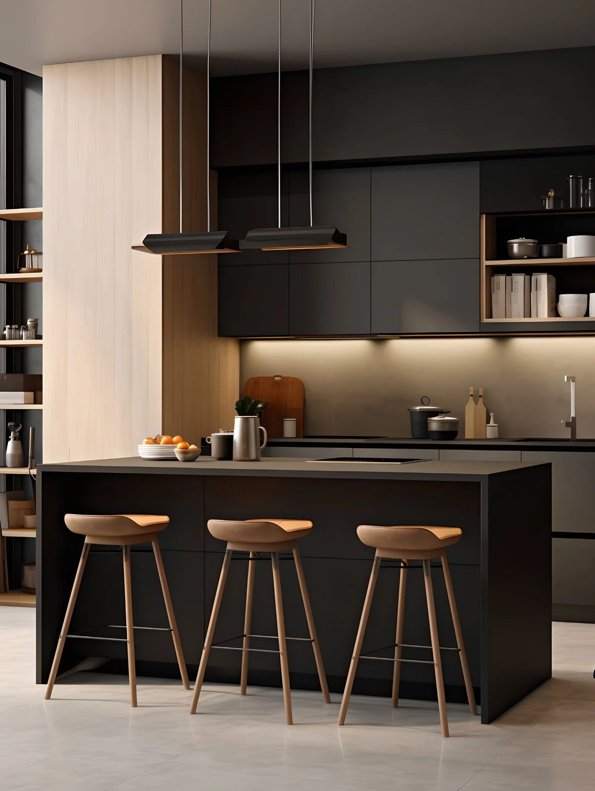 moderne Küche in Schwarz mit hohem Holzschrank und Dunstabzugshaube