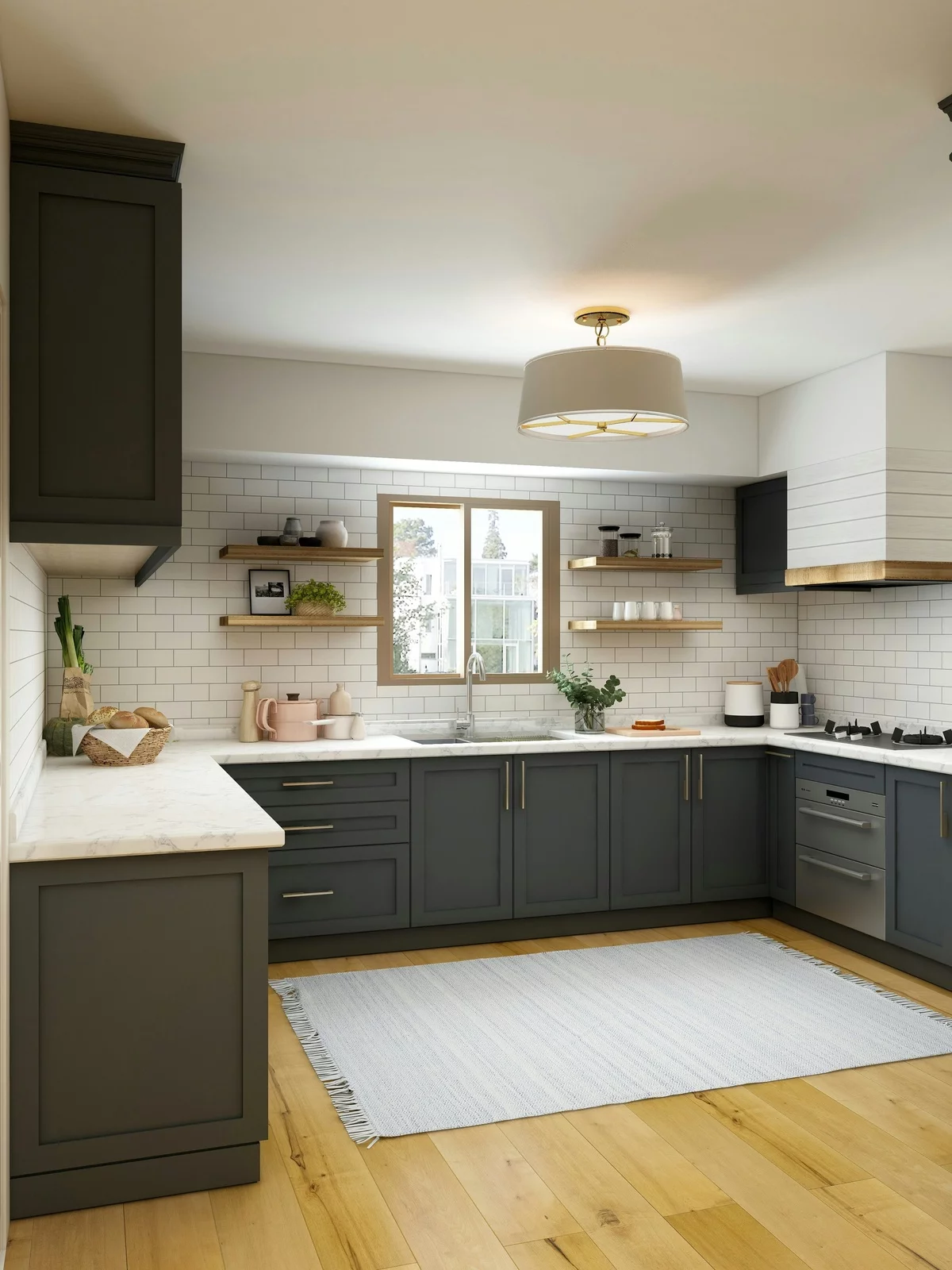 klassische Küche mit einem Fenster, weiße Ziegelwand, schwarze Küchenschränke 