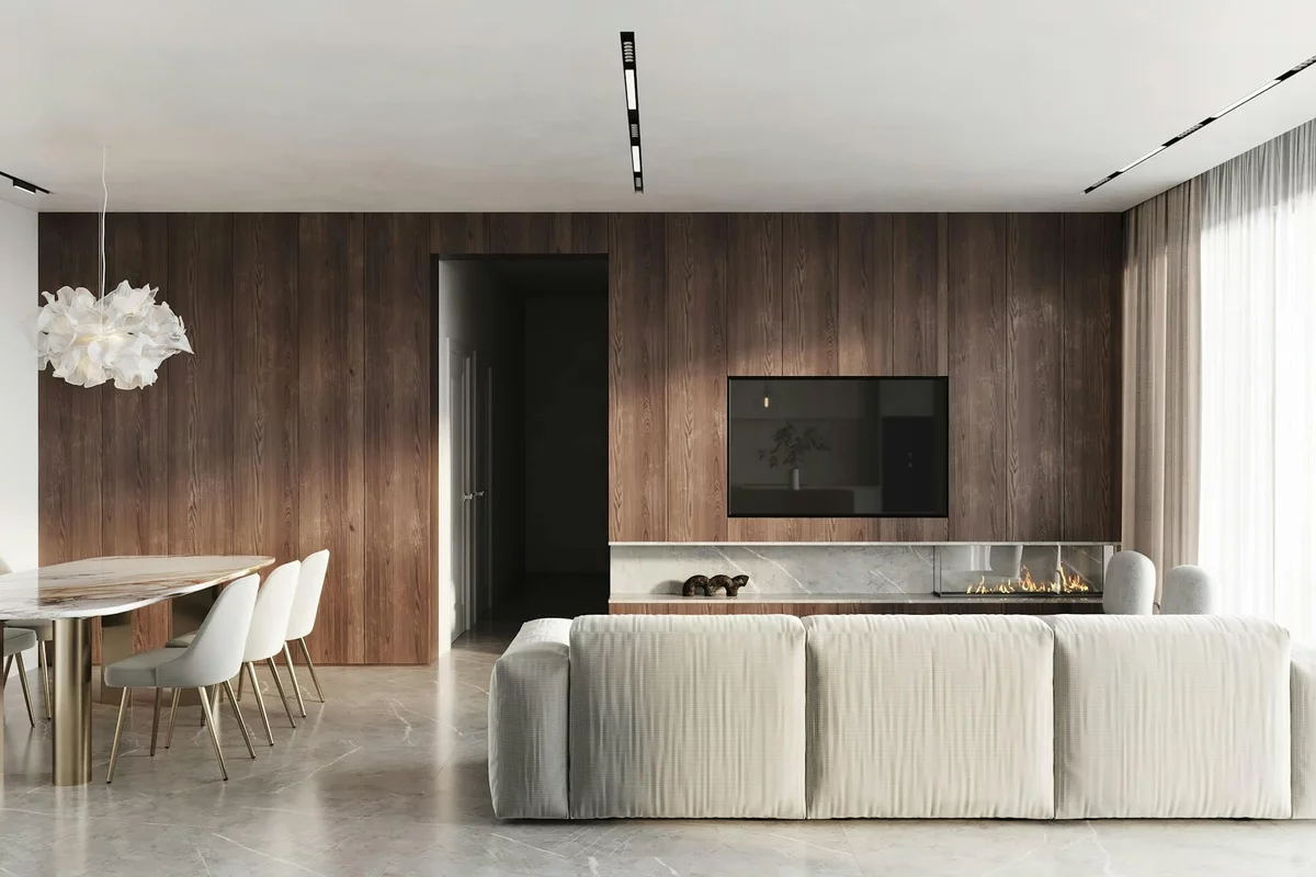 minimalistisch gestaltetes Wohnzimmer mit Essecke 