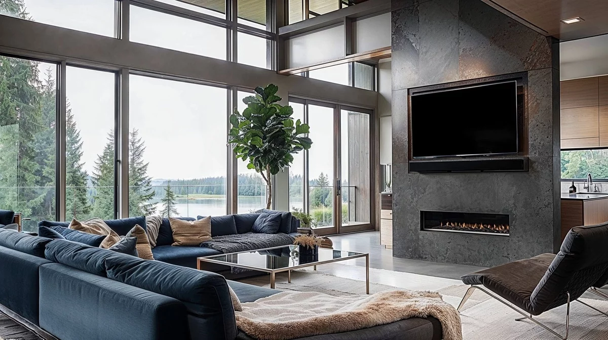 ein lichtdurchflutetes Wohnzimmer modern eingerichtet in Grau, Weiß und Dunkelblau 