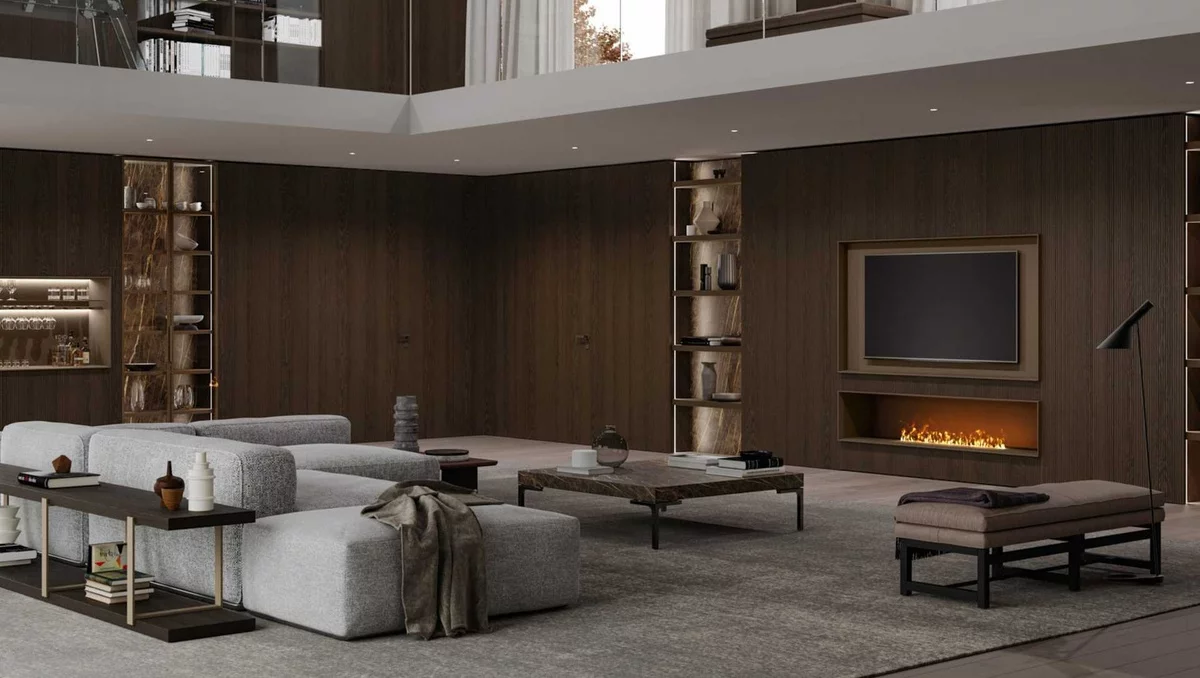 dunkles Wohnzimmer mit weißen Möbeln vor dem Kamin modern eingerichtet 