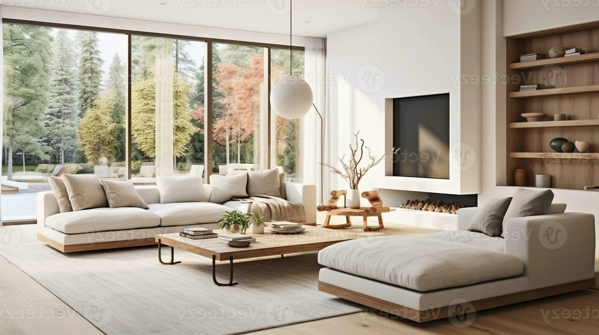 geräumiges Wohnzimmer modern eingerichtet mit hellen Möbeln - Blick zum Garten