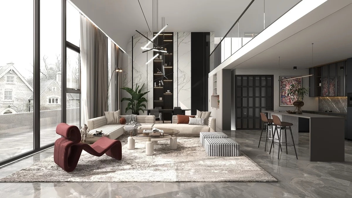 ein extravagant designter Sessel im hellgrauen Wohnzimmer 