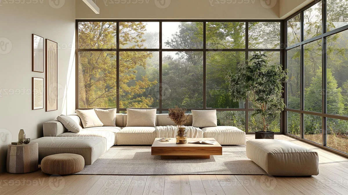 weiße Möbel von deckenhohen Fenstern umgeben und viel Grün draußen 