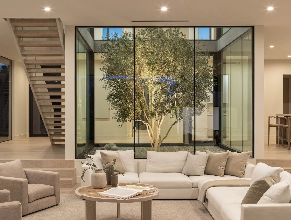 grüner Baum als Blickfang im modernen Wohnzimmer