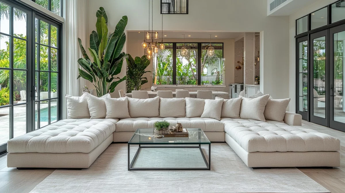 sehr elegant eingerichtetes Wohnzimmer mit weißem Ecksofa und grüner Topfpflanze 