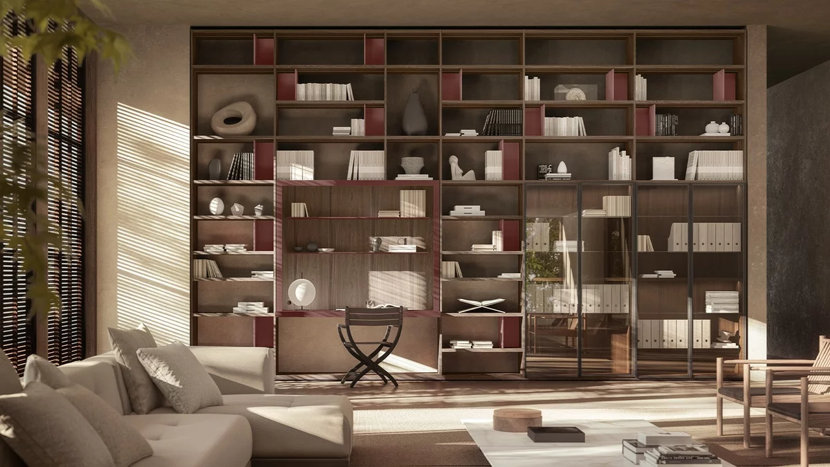 große Regalwand aus dunklem Mahagoni Holz im modern gestalteten Wohnraum