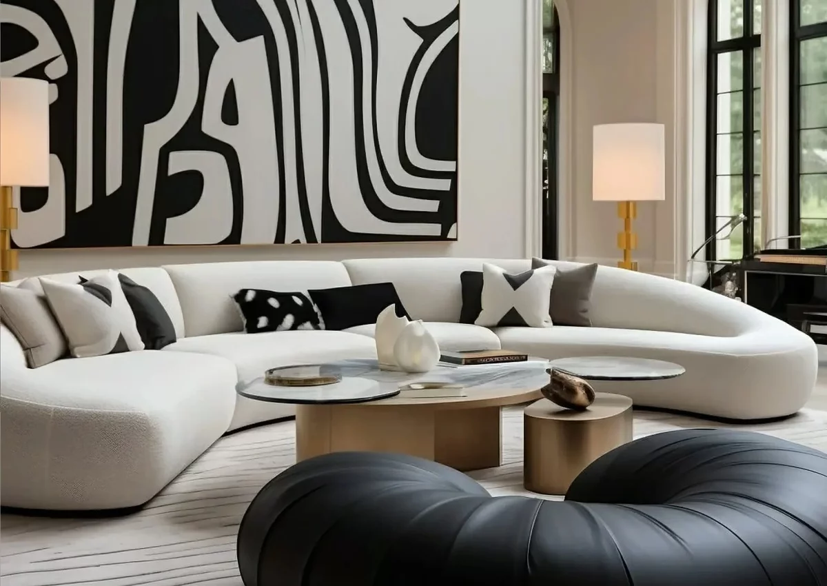 modernes Wohnzimmer in Weiß und Schwarz gestaltet - Wanddeko als Highlight 