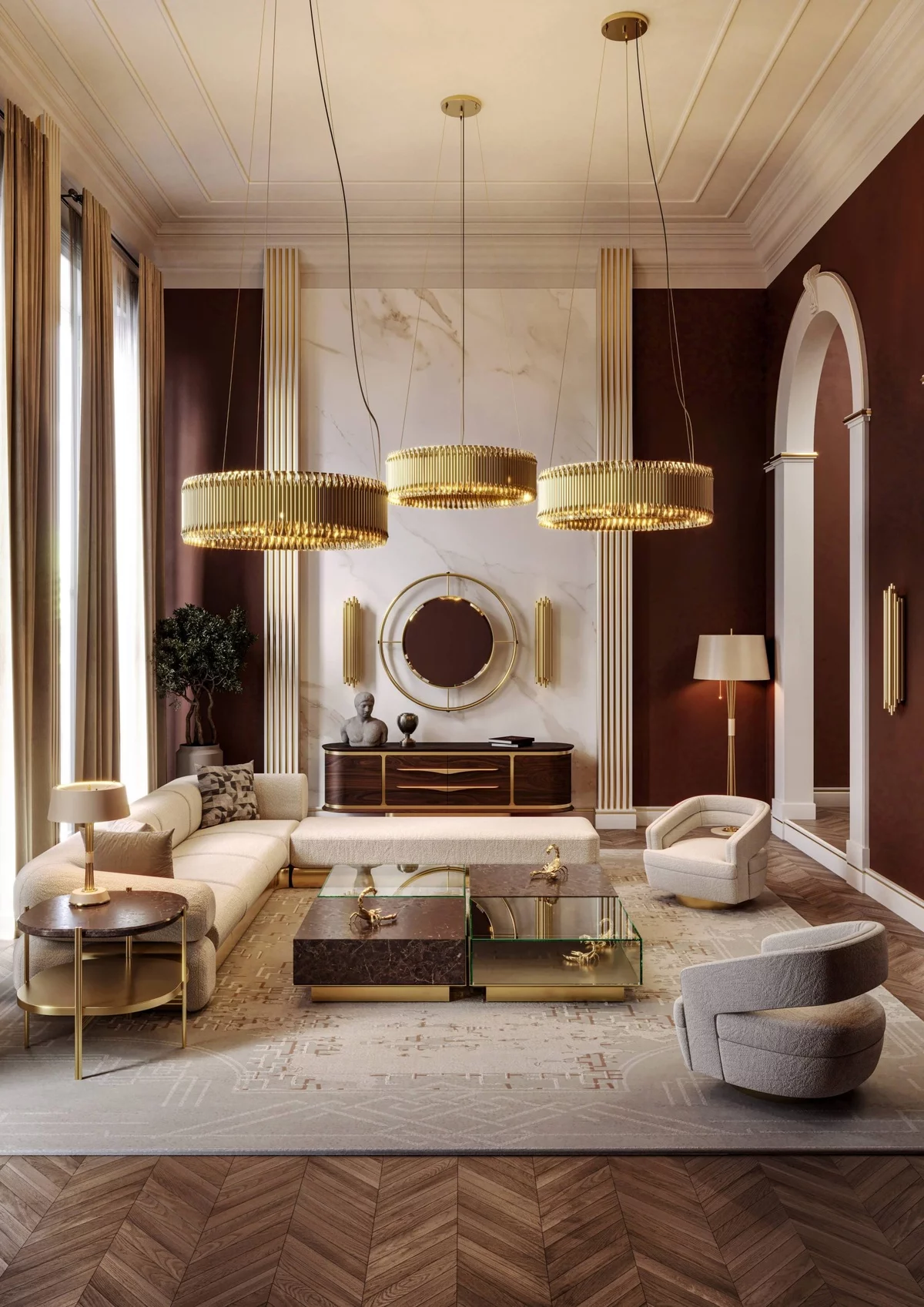 Farbkontrast zwischen Weiß und Braun - sehr eleganz eingerichtetes Wohnzimmer