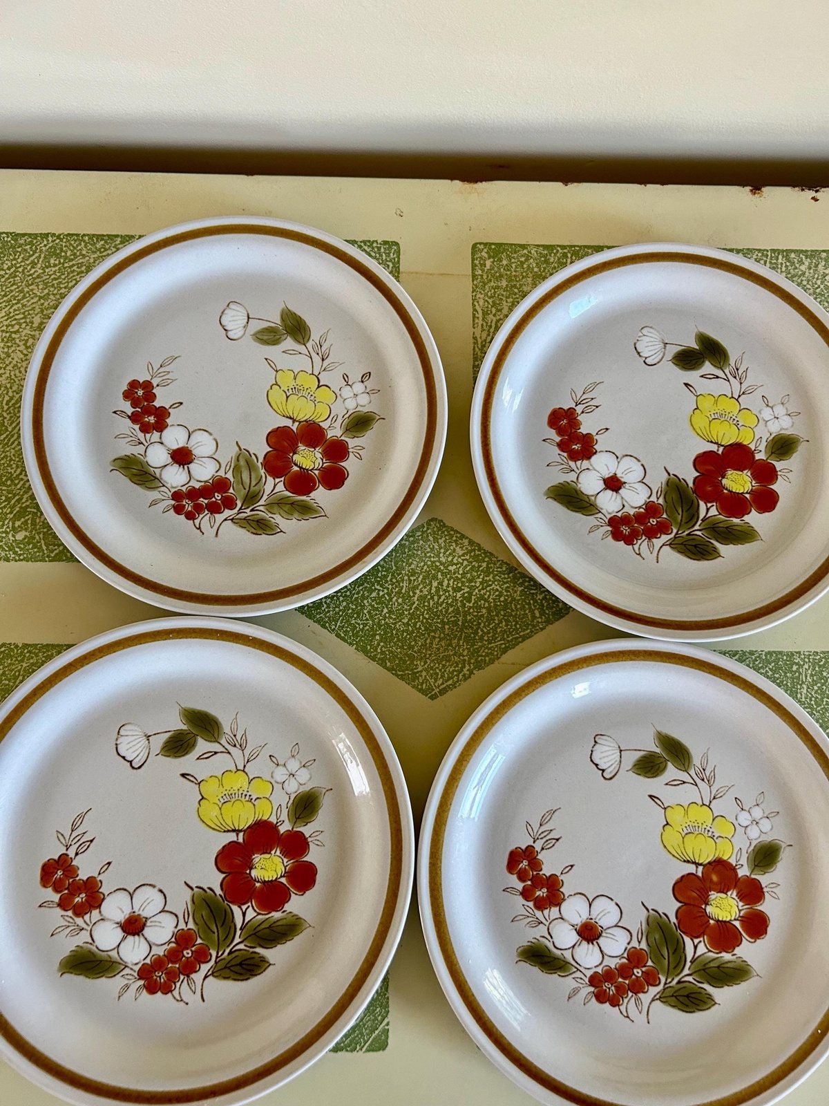 vier schön bemalte Teller in Retro Stil 