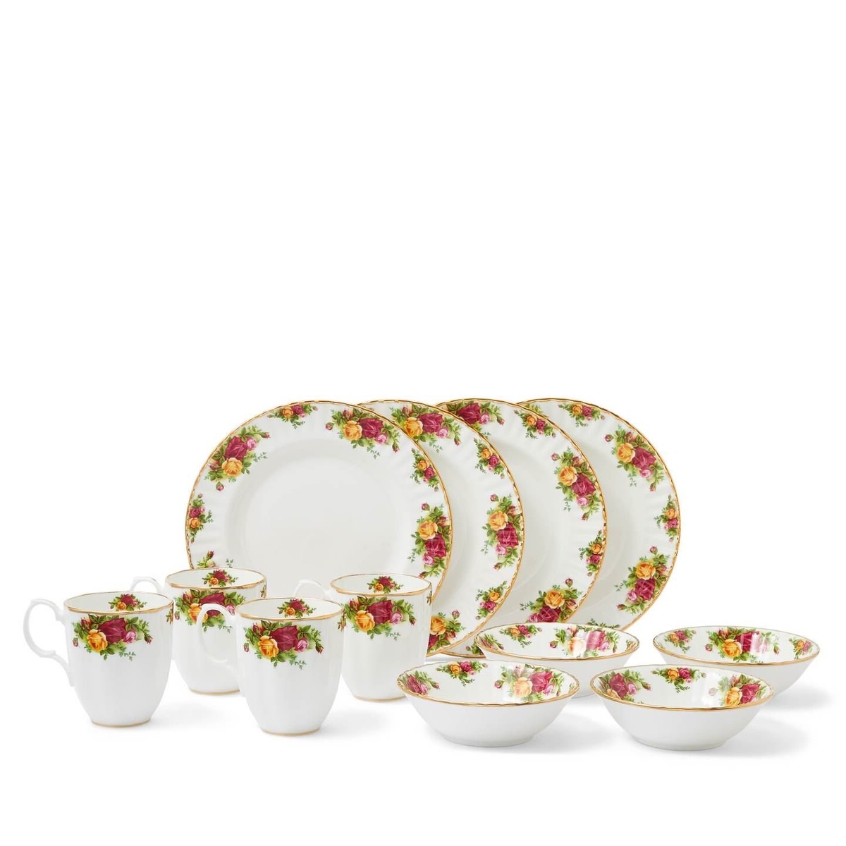 schön bemaltes Porzellan-Set - vier Tassen, vier Schüsseln und vier Teller