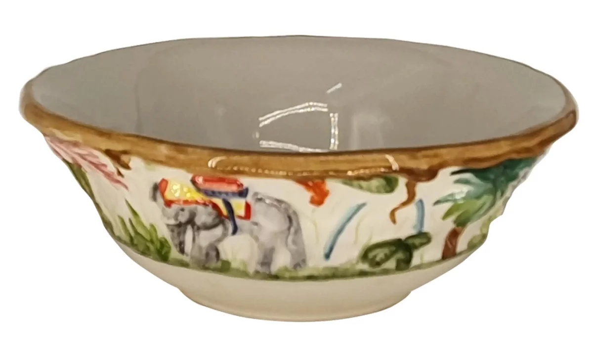 große Keramikschüssel mit exotischen Motiven bemalt