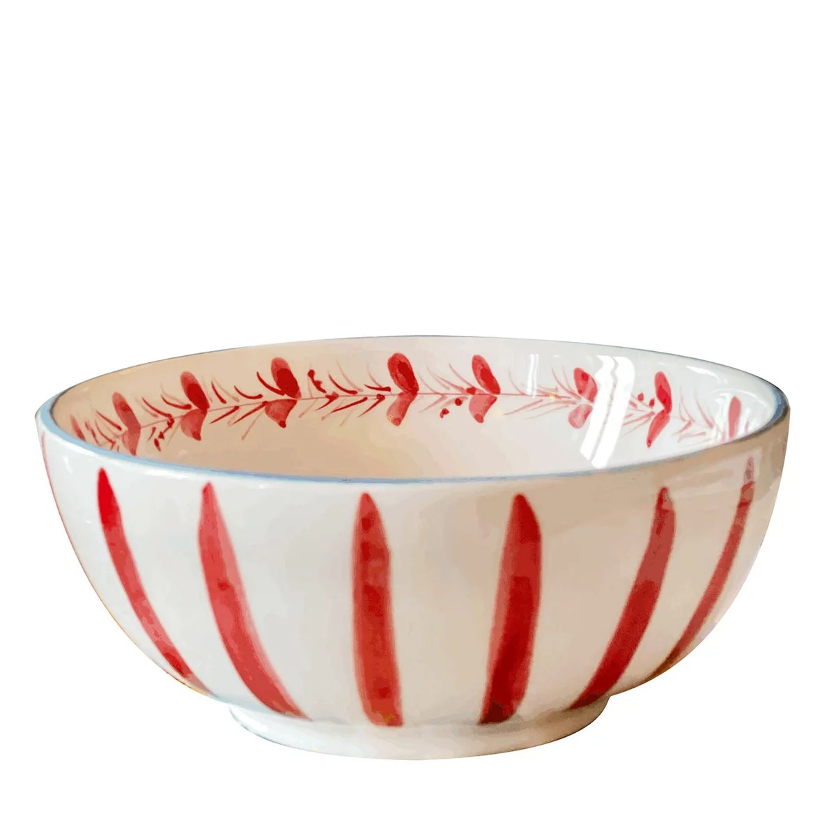 weiße Keramikschüssel mit roten Motiven bemalt 