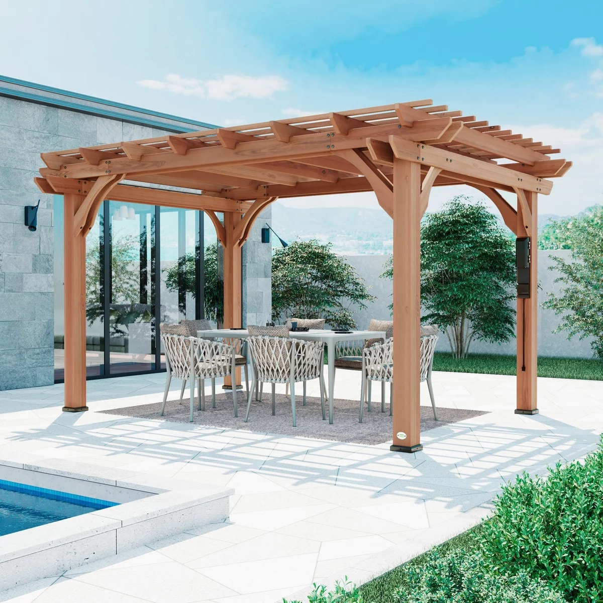 Gartenlaube aus Holz mit Esszone neben dem Pool platziert