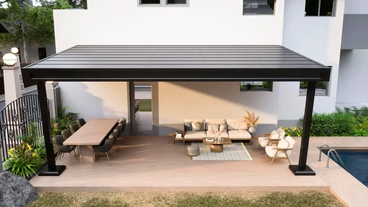 Gartenlauben Terrassen - ein Beispiel aus Metall mit Relax-Zone 