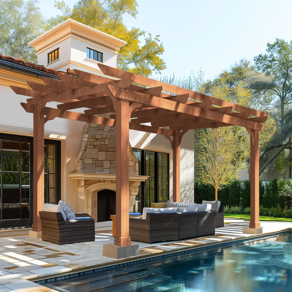 Gartenlauben Terrassen am Pool - hier mit Kamin und Relax-Zone