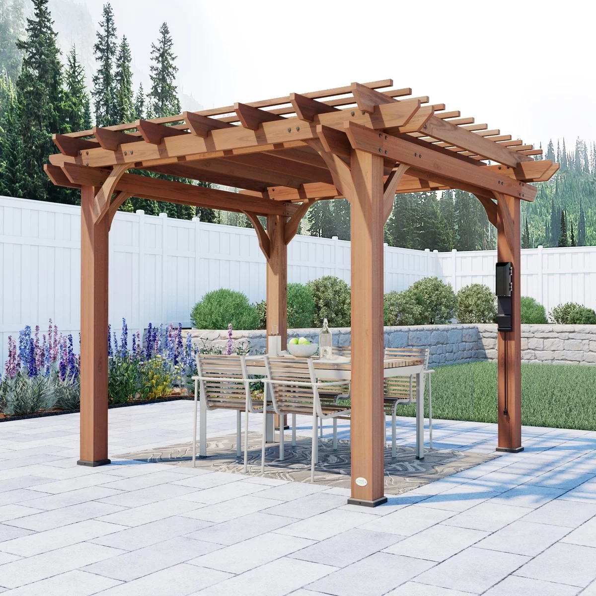 Gartenlauben Terrassen mit Essecke daraunter