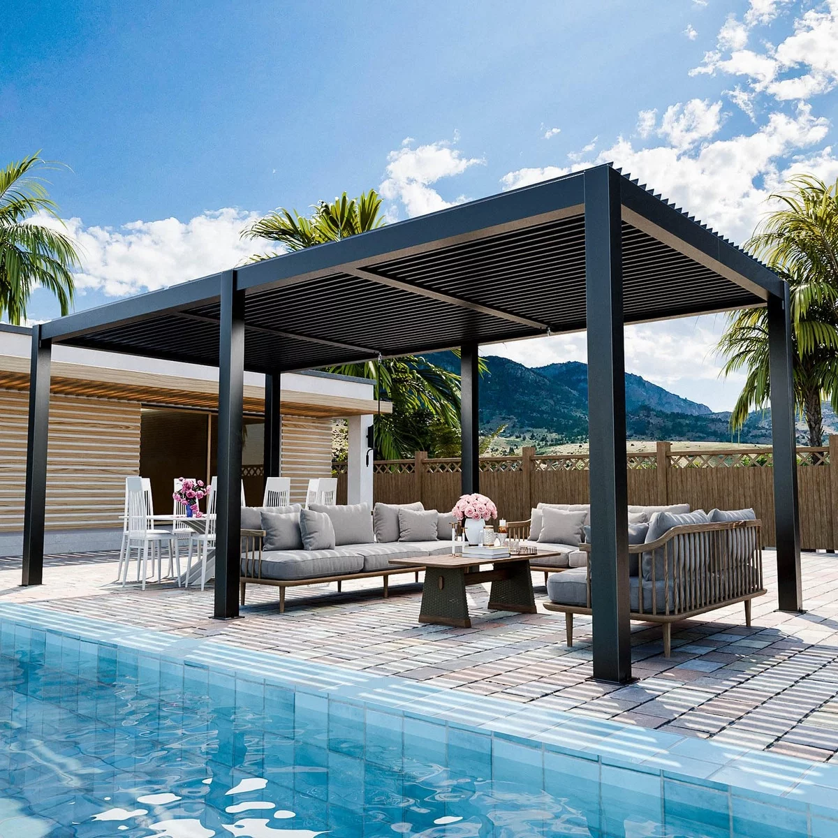 Gartenlaube aus Metall am Pool montiert mit Relax-Zone 