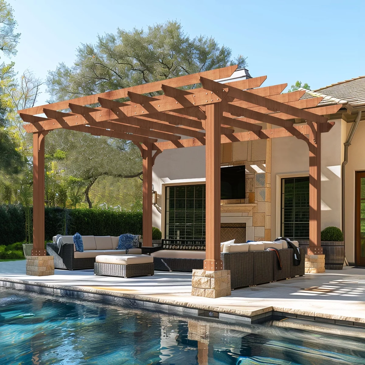 Gartenlaube aus Holz direkt am Haus neben dem Pool mit bequemem Sitzbereich 