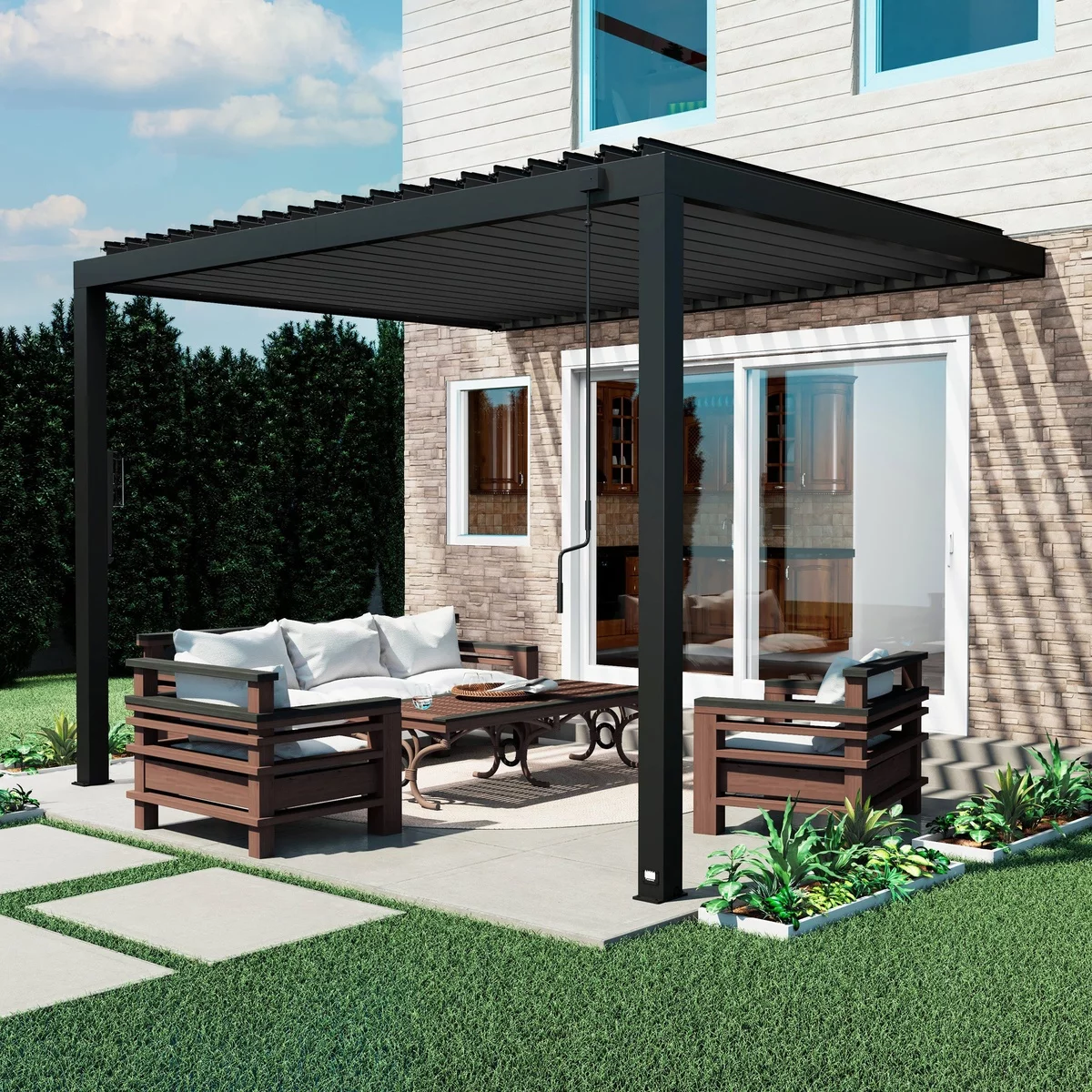 Gartenlaube aus Metall mit Relax-Zone unter Dach 