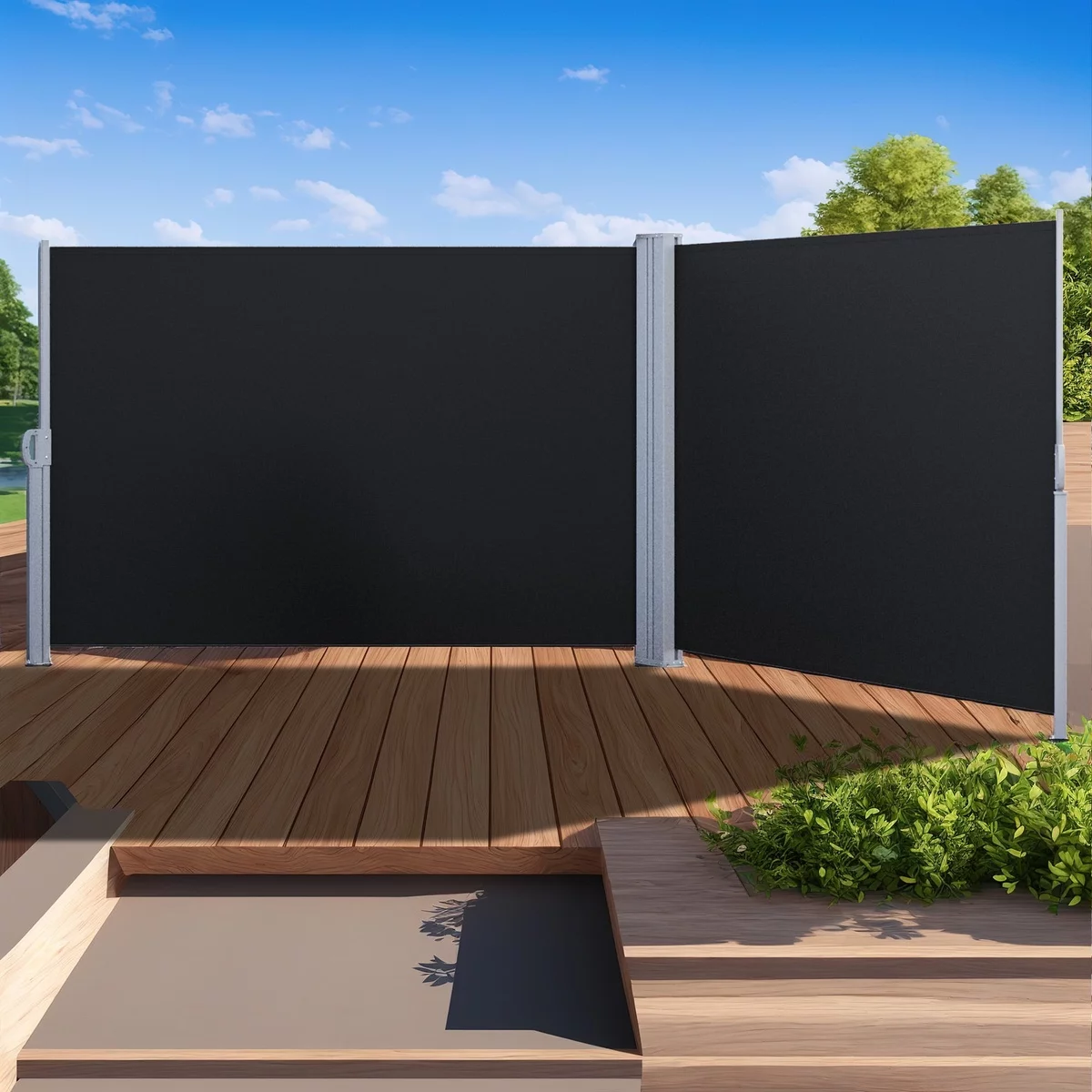 schwarzer blickdichter Paravent draußen eingesetzt - Sichtschutz Garten