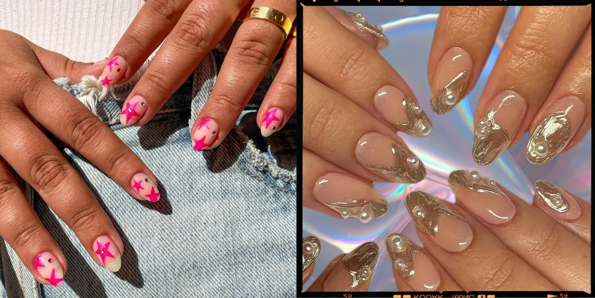 zwei Fotobeispiele für schön dekorierte Frühlingsnägel 2025 