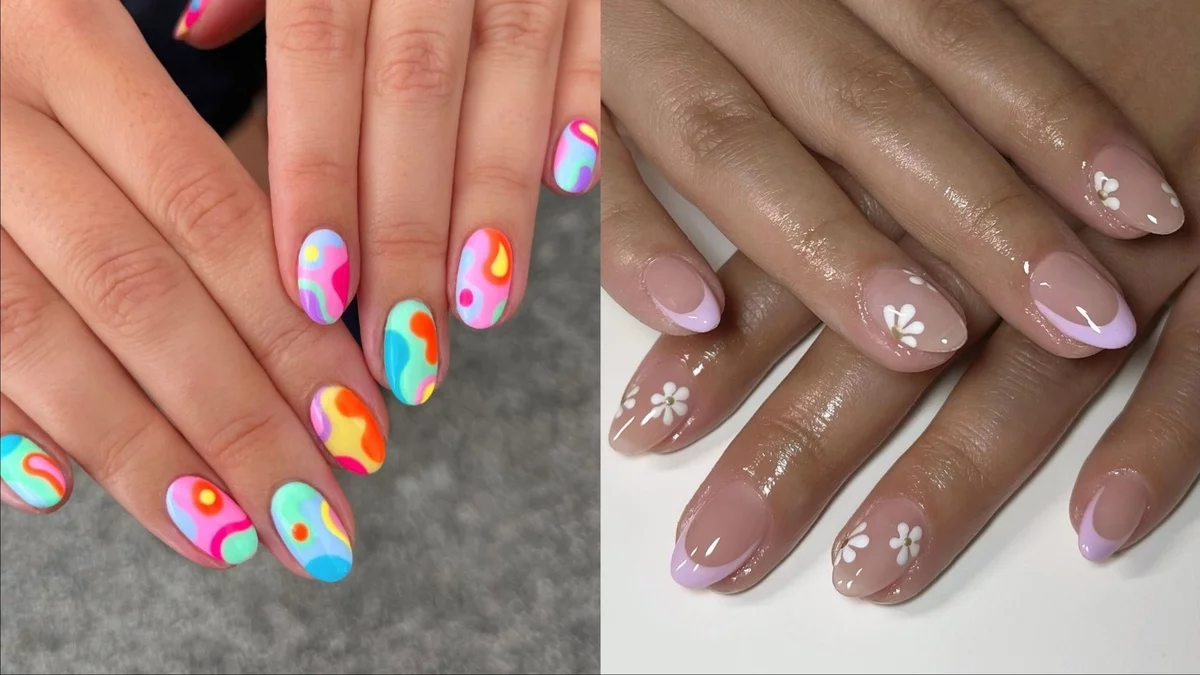 zwei Bilder - bunte Farben mischen und Maniküre in zartem Rosa - Frühlingsnägel 2025 