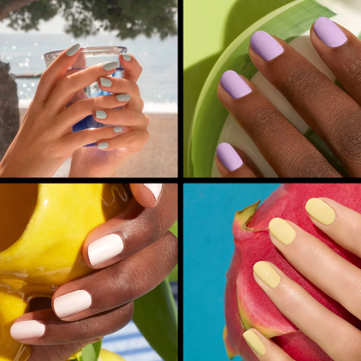 vier Bilder für Sommernägel 2025 - verschiedene Farben der Maniküre