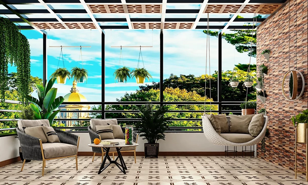 verglaste Terrasse modern eingerichtet und mit grünen Pflanzen dekoriert