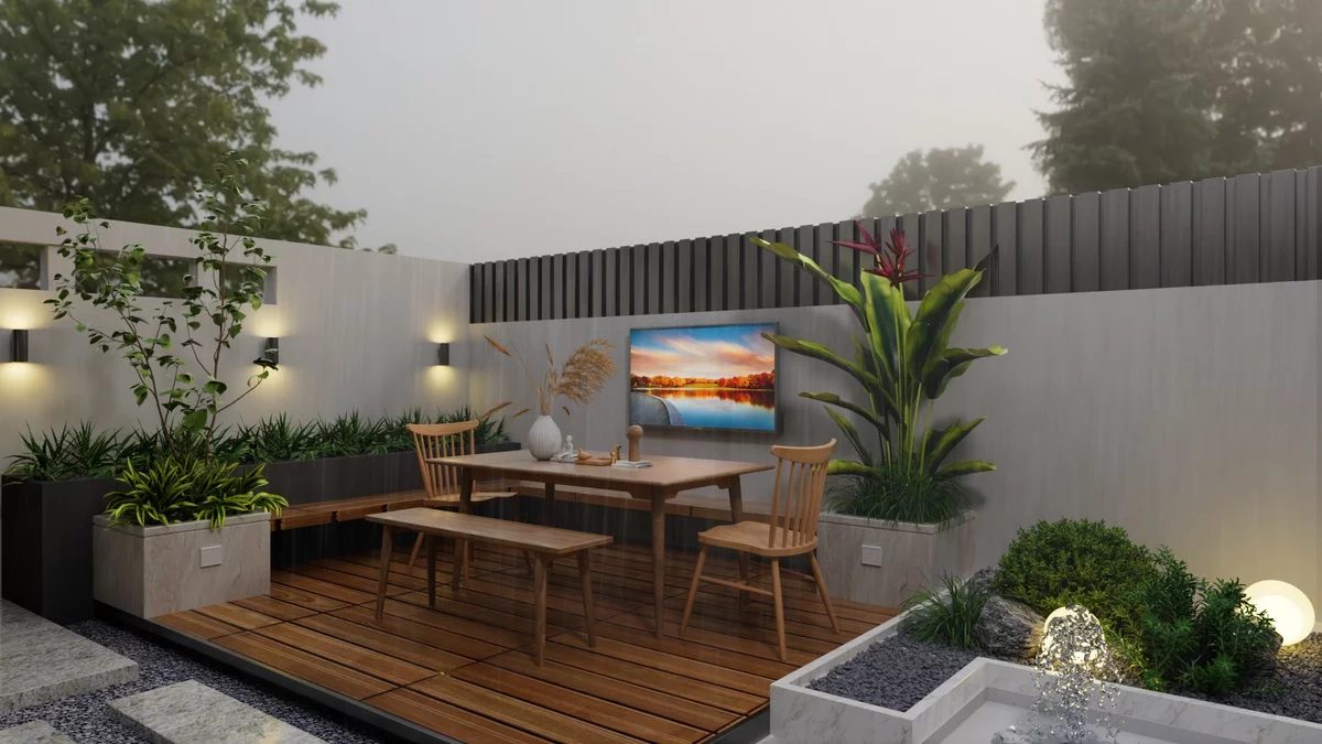 kleine Terrasse mit Sichtschutz und gut gedachter Beleuchtung 