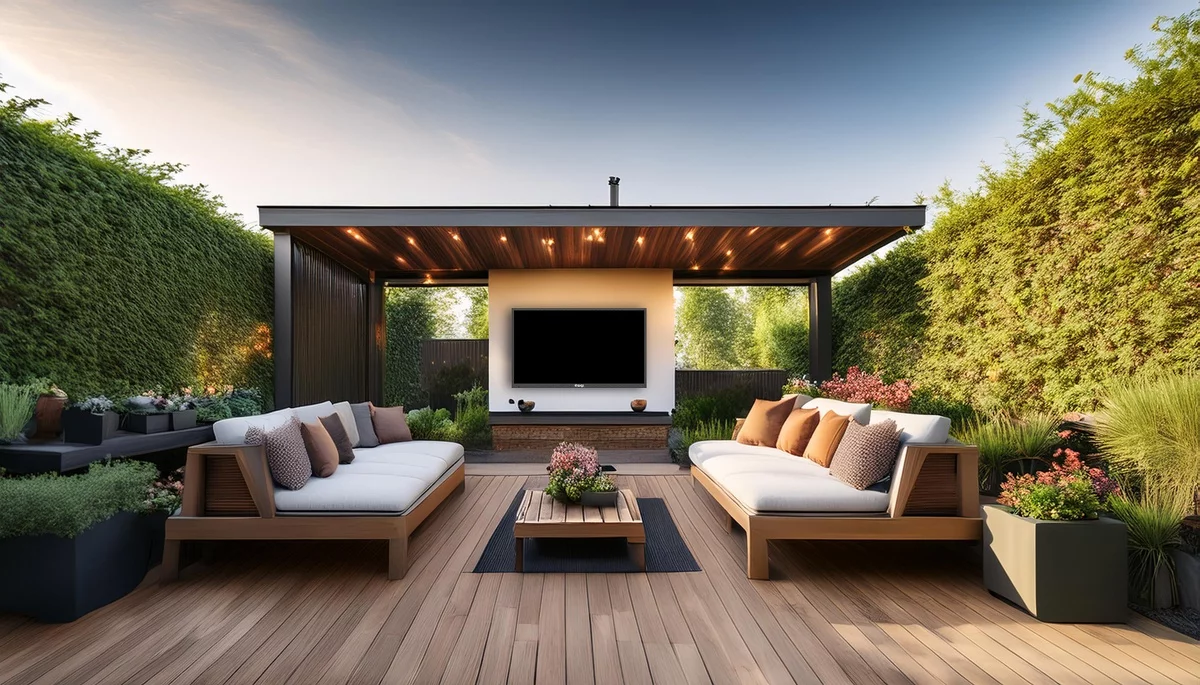 weite Terrassen mit bequemen Möbeln, Überdachung und integrierter Beleuchtung 