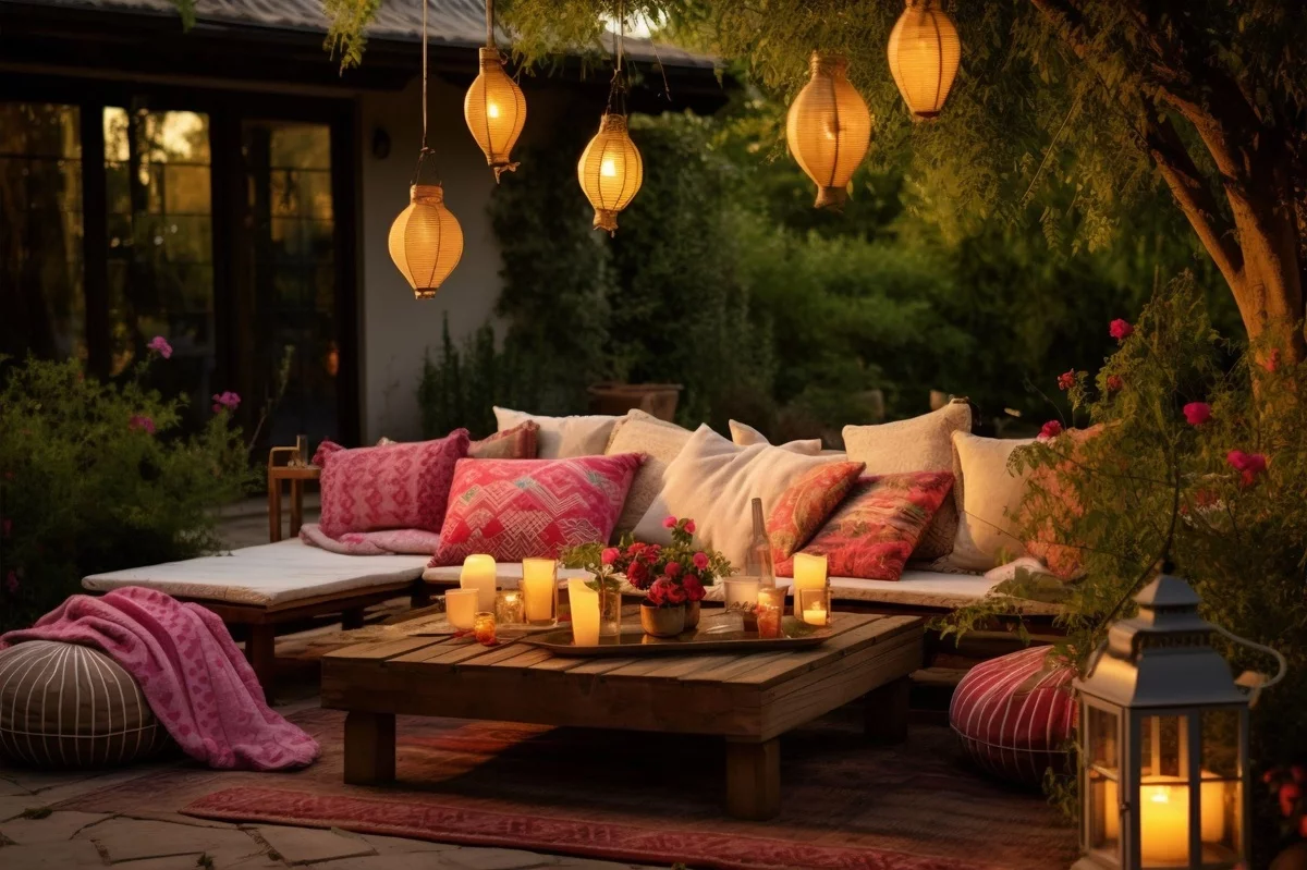 gemütliche Terrassengestaltung in warmen Farben und mit Hängelaternen 