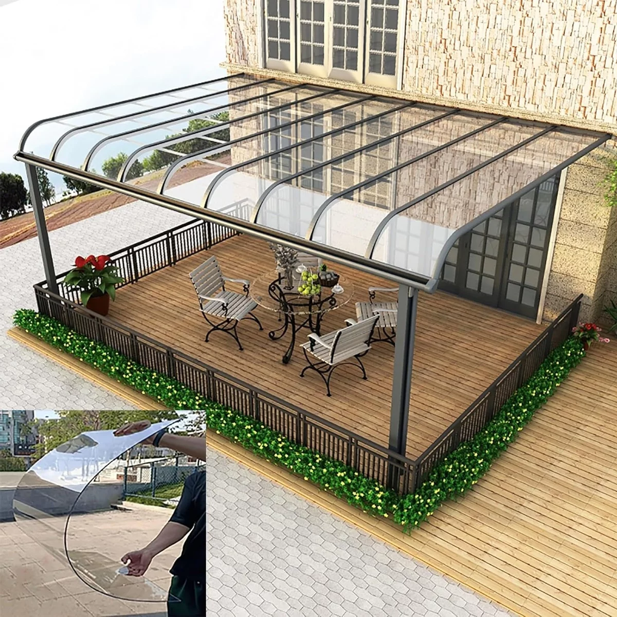 Überdach aus Glas auf einer kleinen modernen Terrasse