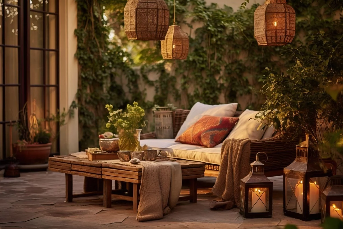 stilvolle Outdoor-Einrichtung und Beleuchtung mit Laternen und Hängelampen